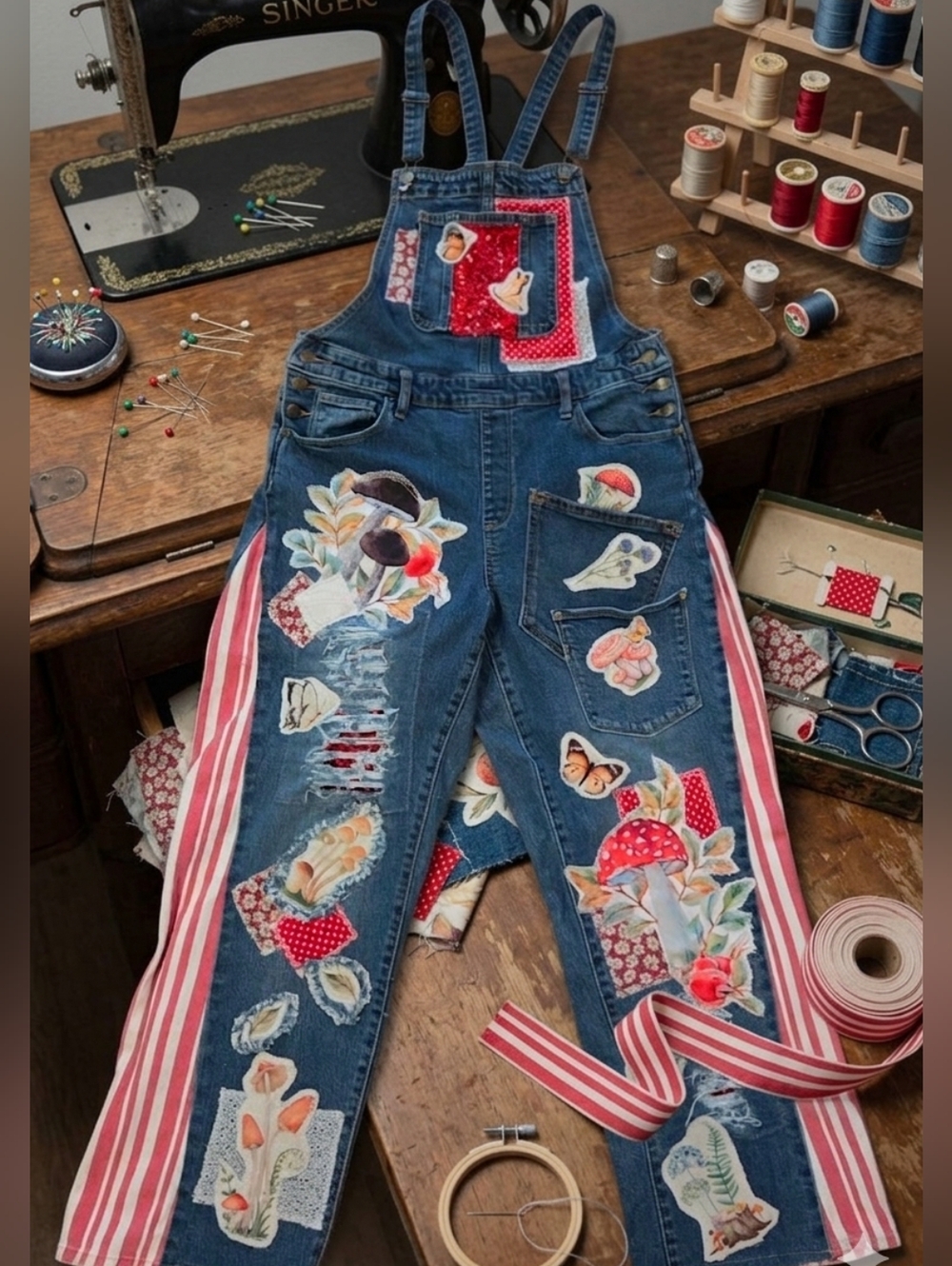 Patchwork Blue Denim Overalls Mushroom Motif Patchwork & A Bit Of Sequin 8/29 - Picture 3 of 14